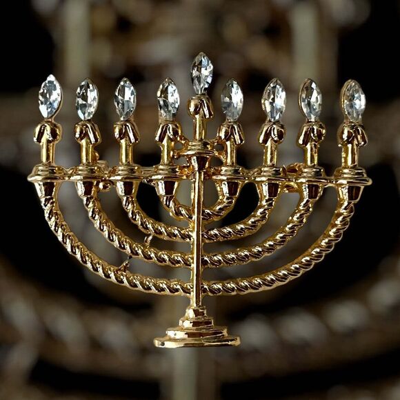 Sparkling Menorah Blue Rhinestone Brooch - Picture 1 of 8